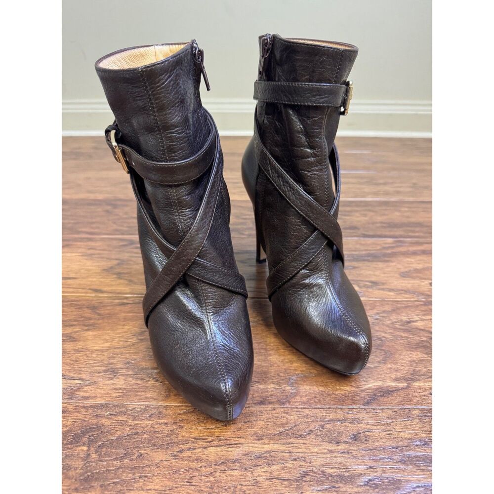 ELEVENTY Chocolate Brown Strappy Buckle/Zip Heeled Boots, Sz 38